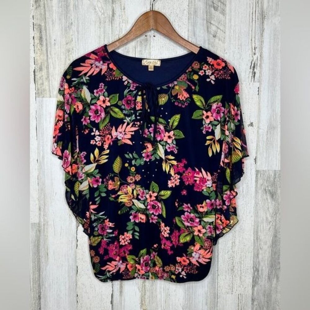 Lavish Women's Floral Top Navy Blue Pink Size Medium